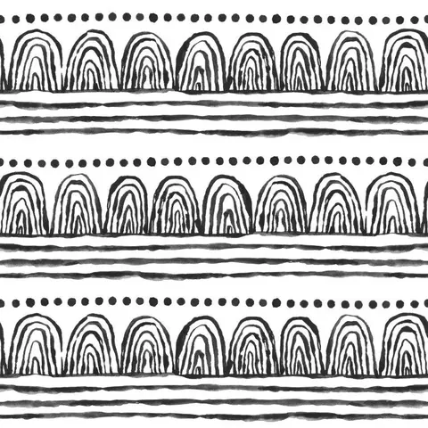 Repeating pattern of hand-drawn concentric arch shapes with dotted borders and horizontal line details in black and white.