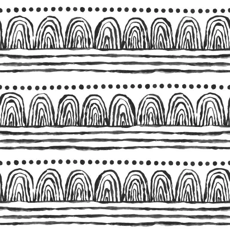 Repeating pattern of hand-drawn concentric arch shapes with dotted borders and horizontal line details in black and white.