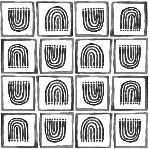 Repeating pattern of black concentric arches with dotted accents on white squares arranged in a grid.