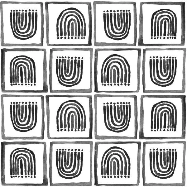 Repeating pattern of black concentric arches with dotted accents on white squares arranged in a grid.