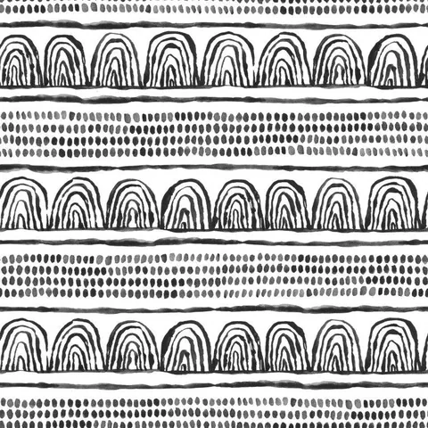 Repeating pattern of nested arch motifs and dotted horizontal rows in black and white