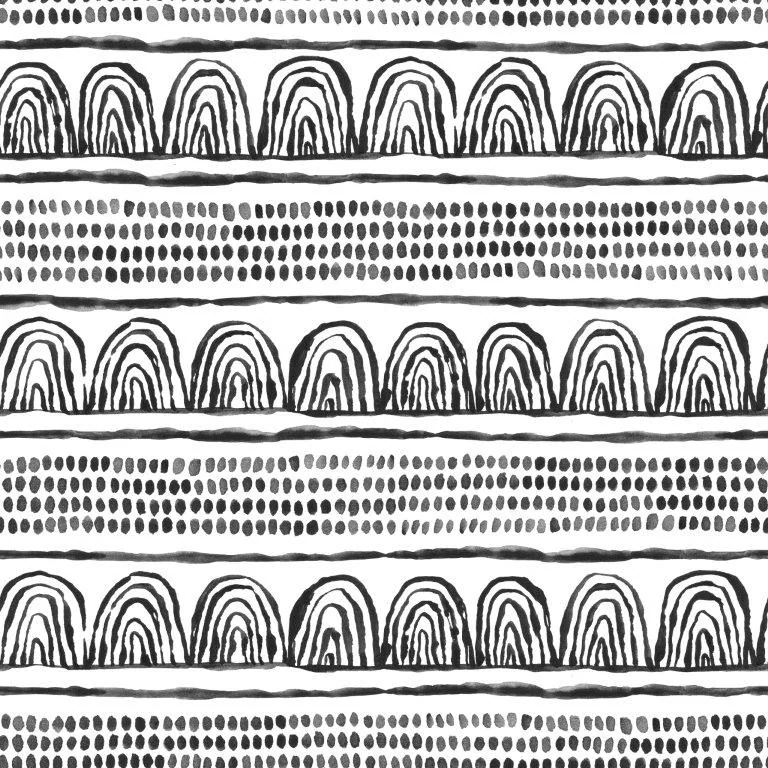 Repeating pattern of nested arch motifs and dotted horizontal rows in black and white