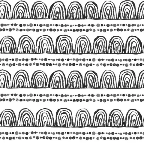Repeating pattern of concentric arch arches with dotted stripe rows in black and gray on white background