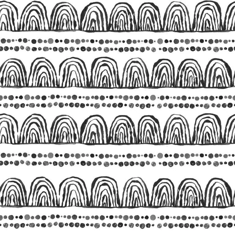 Repeating pattern of concentric arch arches with dotted stripe rows in black and gray on white background