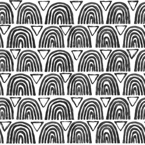 Black and white repeating pattern of nested arches and triangular shapes in a geometric boho design