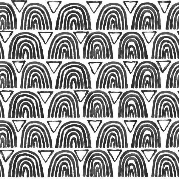 Black and white repeating pattern of nested arches and triangular shapes in a geometric boho design