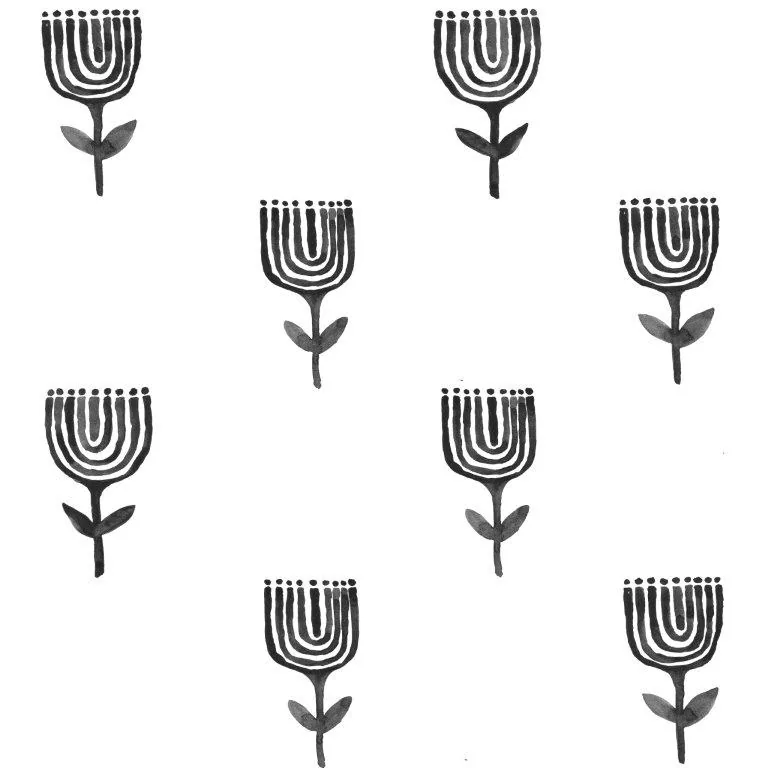 Repeating pattern of geometric arch flowers with dotted crowns and stem leaves in charcoal grey.
