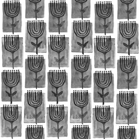 Repeating black and gray botanical pattern with curved arch shapes and stem designs on textured background
