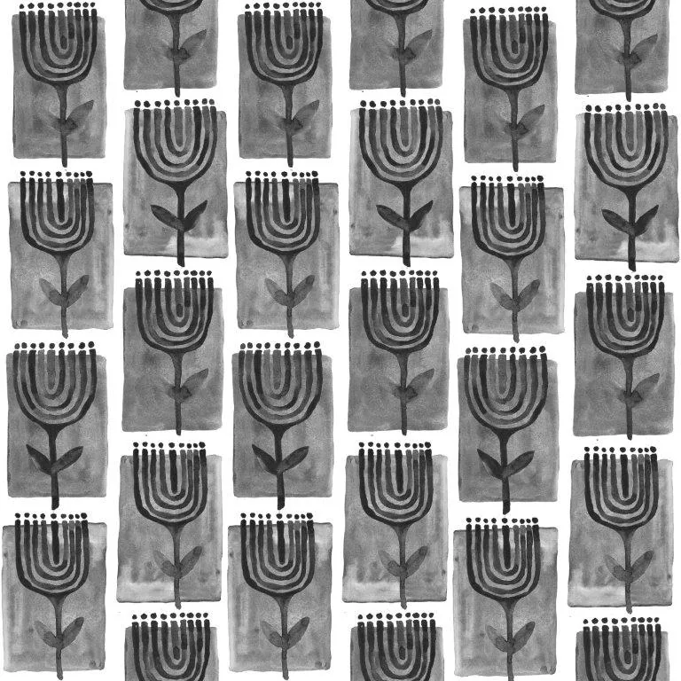 Repeating black and gray botanical pattern with curved arch shapes and stem designs on textured background
