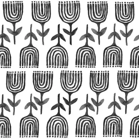 Repeating pattern of black geometric tulips with arched stems and lowercase arch motifs on white background.
