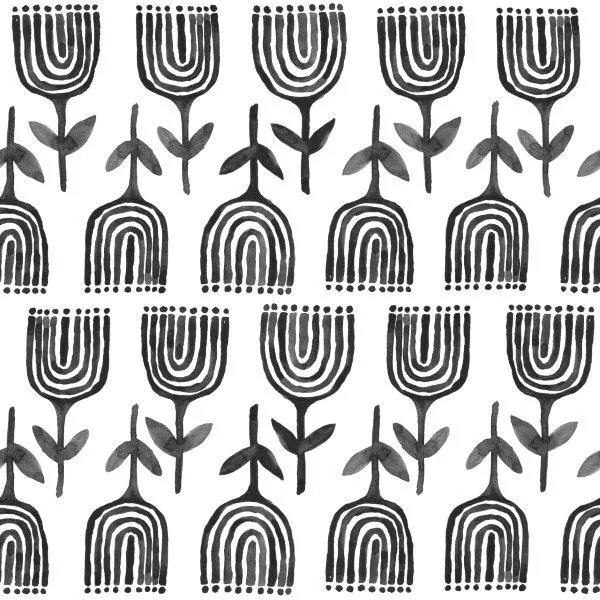 Repeating pattern of black geometric tulips with arched stems and lowercase arch motifs on white background.