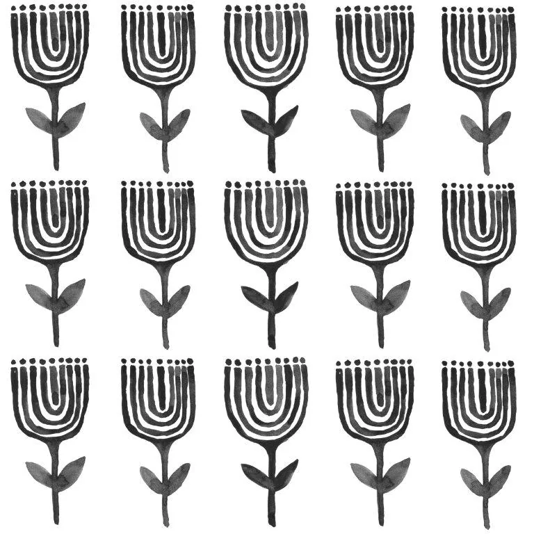 Repeating pattern of stylized tulip-like flowers with concentric arches and leaf stems in dark gray on white