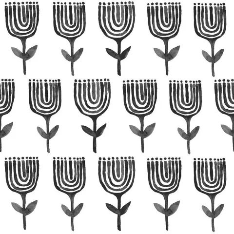 Repeating pattern of dark botanical flowers with curved petal arches and leaf stems on light background