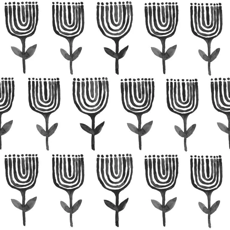 Repeating pattern of dark botanical flowers with curved petal arches and leaf stems on light background