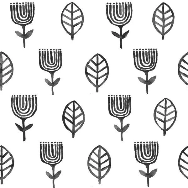 Repeating pattern of grey botanical motifs: curved arch flowers with vertical lines alternating with simple leaf designs.