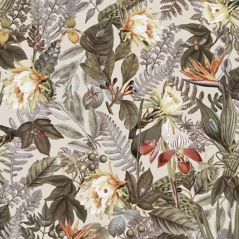 Hand-drawn tropical flowers and ferns with cream, sage green, burgundy, and ochre tones on cream background.