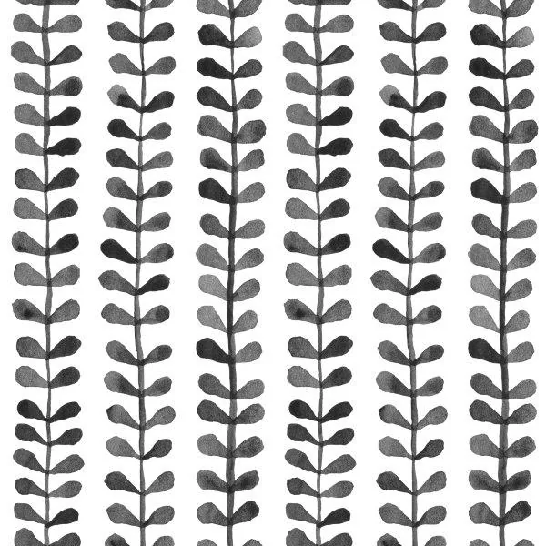 Repeating vertical pattern of stylized plant stems with oval leaves in varying shades of grey and charcoal