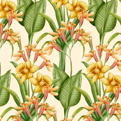 Repeating pattern of yellow canna lilies and coral trumpet flowers with green leaves on cream background