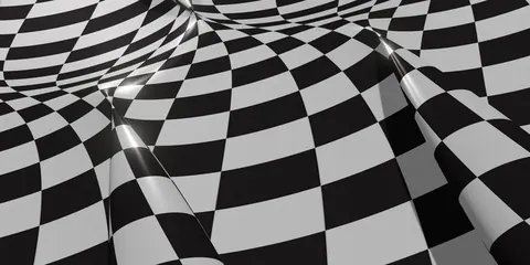 Black and white checkered pattern with 3D wave and fold effects creating optical depth