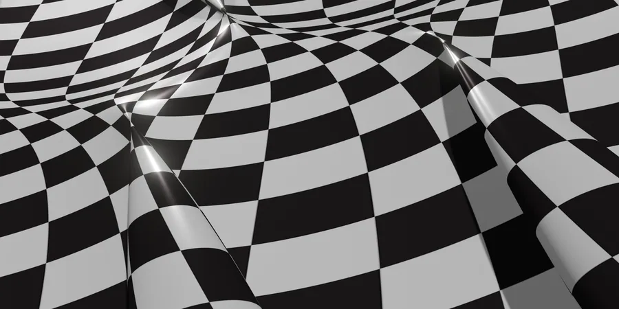 Black and white checkered pattern with 3D wave and fold effects creating optical depth