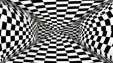 Black and white checkered pattern converging to a central vanishing point, creating 3D depth illusion
