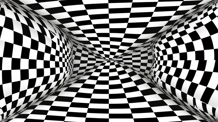 Black and white checkered pattern converging to a central vanishing point, creating 3D depth illusion