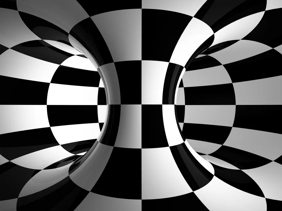 Black and white checkerboard pattern with 3D spiral spheres creating an optical illusion effect