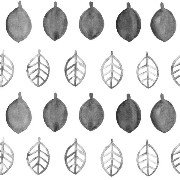 Repeating pattern of dark grey citrus fruits and light grey botanical leaf sketches arranged in rows