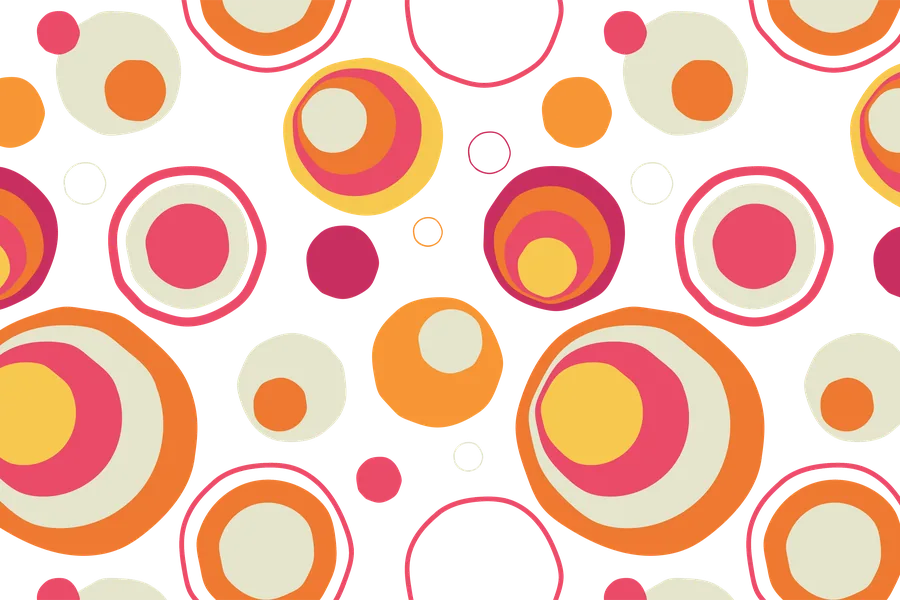 Colorful repeating pattern of concentric circles in orange, pink, yellow, and cream on white background