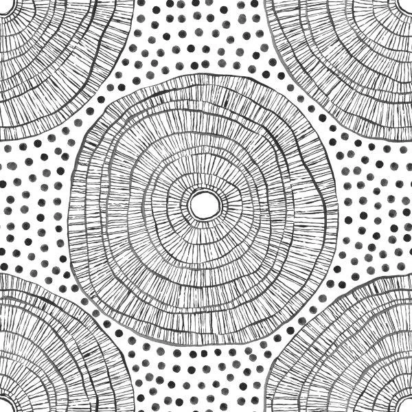 Black and white boho pattern featuring concentric circles with radiating lines and scattered dots