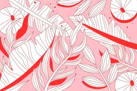 Pink wallpaper with white line-drawn leaves and red botanical accents featuring circular flower motifs