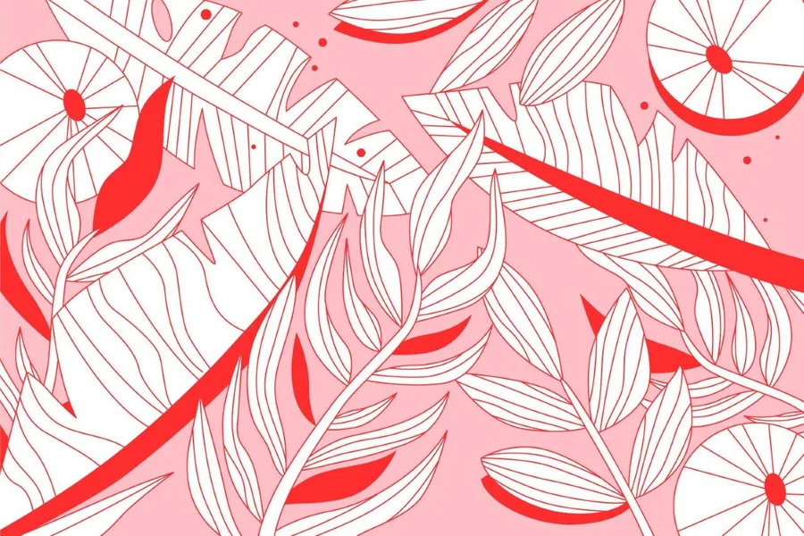 Pink wallpaper with white line-drawn leaves and red botanical accents featuring circular flower motifs