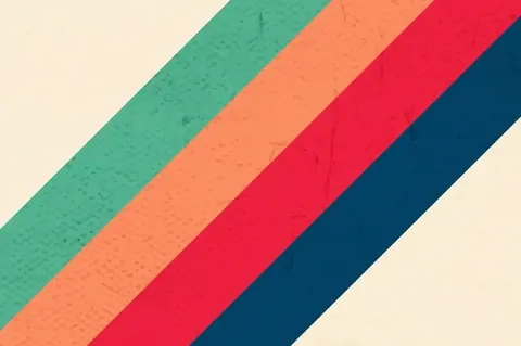 Diagonal striped pattern with teal, coral, red, and navy bands on cream background