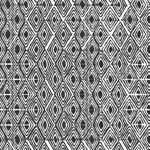 Black and white repeating geometric pattern of nested diamonds and angular stripes creating optical rhythm