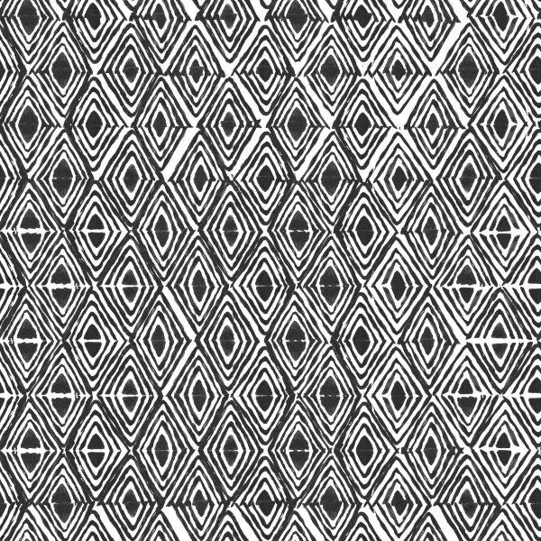 Black and white repeating geometric pattern of nested diamonds and angular stripes creating optical rhythm