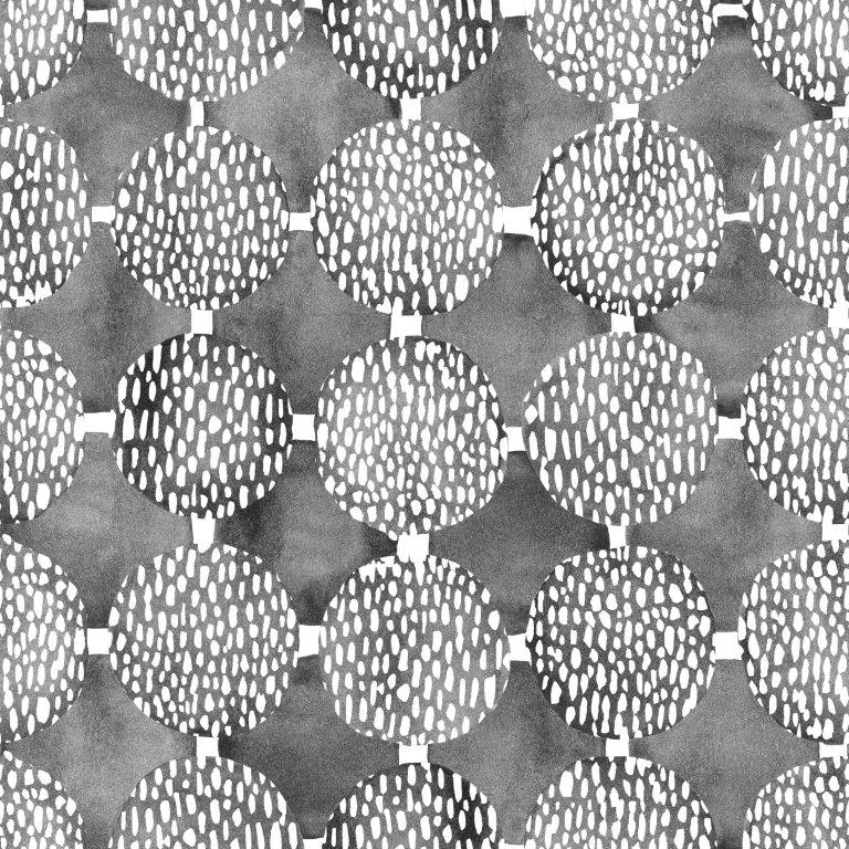 Repeating geometric pattern with textured circles, diamonds, and dotted details in black, white, and grey tones.