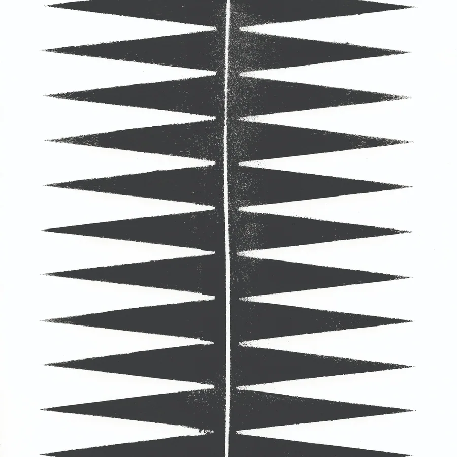 Symmetrical tribal pattern with black diamond shapes and vertical centerline on white background