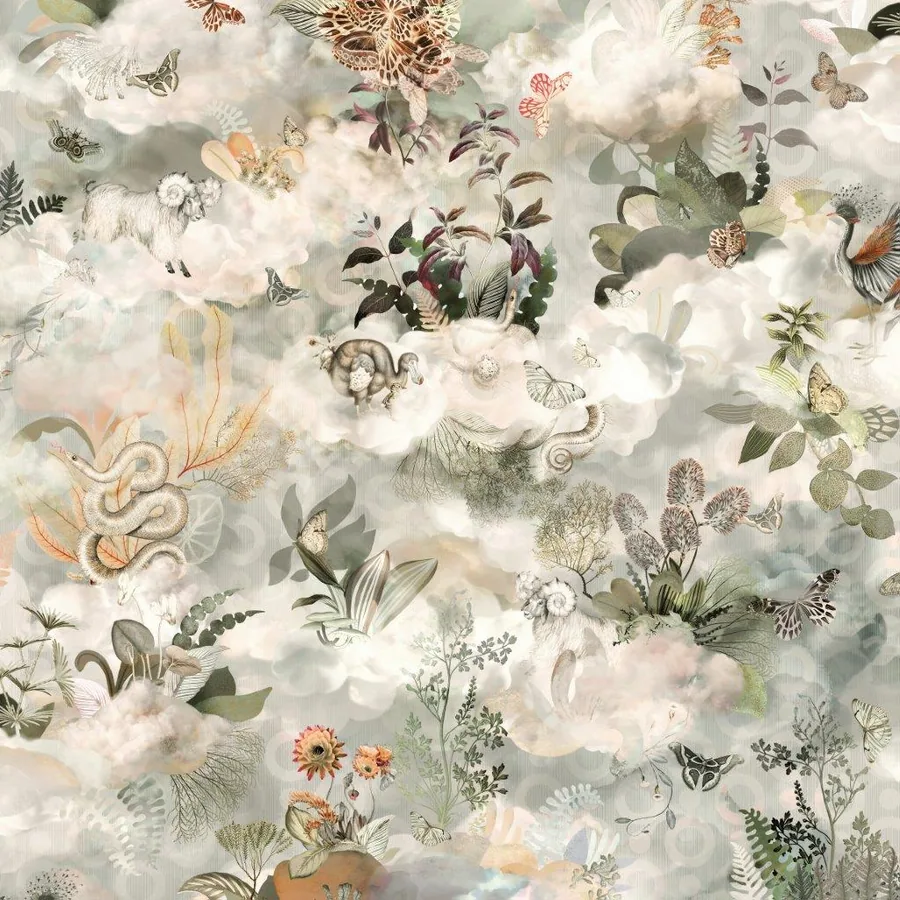 Soft watercolor floral pattern with butterflies, ferns, and botanical elements on cream background