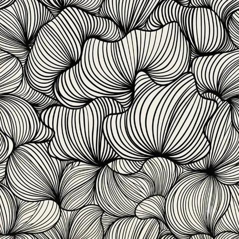 Black and white repeating pattern of striped organic petal and flower-like shapes in a flowing boho design.