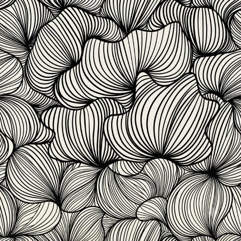 Black and white repeating pattern of striped organic petal and flower-like shapes in a flowing boho design.