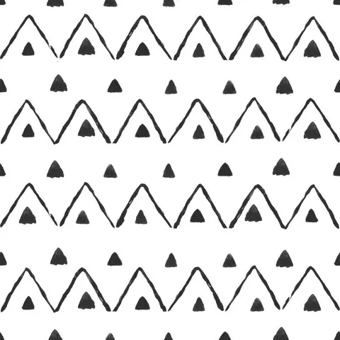 Repeating pattern of outlined mountain peaks with filled triangle motifs in black and white