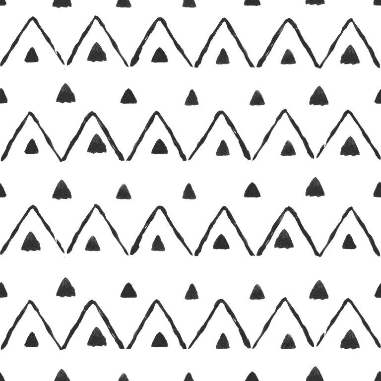 Repeating pattern of outlined mountain peaks with filled triangle motifs in black and white