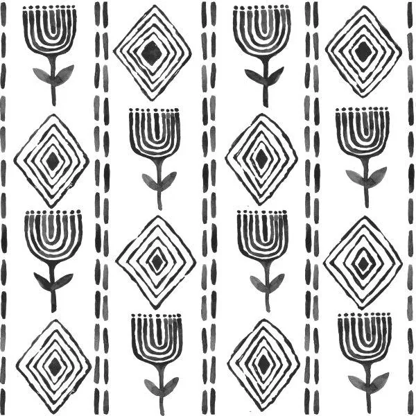 Black and white repeating boho pattern with geometric diamonds and stylized tulip flowers arranged in vertical columns