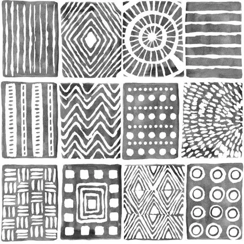 12-tile pattern grid featuring stripes, diamonds, concentric circles, waves, dots, and tessellating geometric shapes in black and white