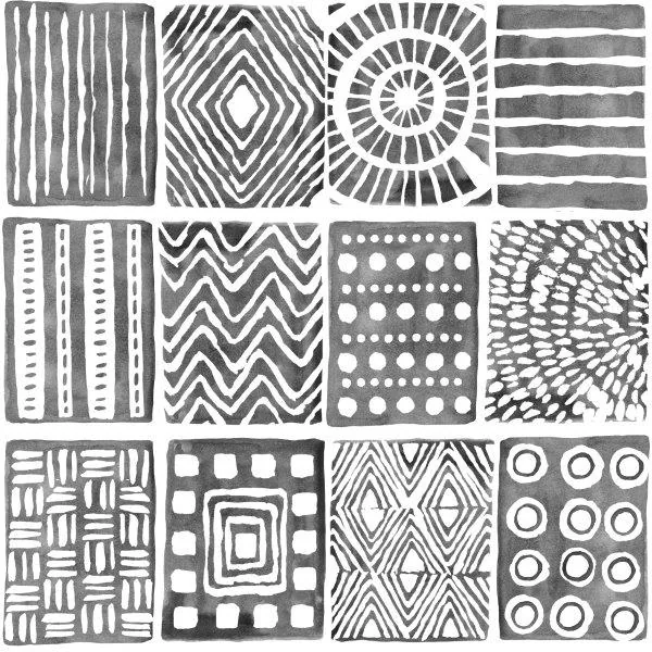 12-tile pattern grid featuring stripes, diamonds, concentric circles, waves, dots, and tessellating geometric shapes in black and white