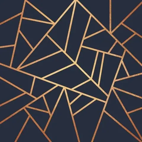 Abstract geometric pattern with interconnected triangular shapes in gold and copper lines on dark navy background.