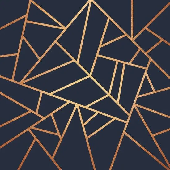 Abstract geometric pattern with interconnected triangular shapes in gold and copper lines on dark navy background.