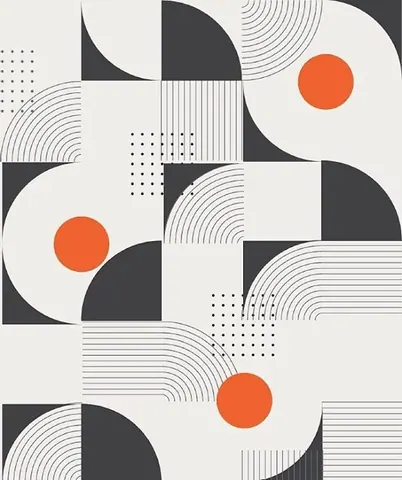 Abstract geometric wallpaper with curved shapes, concentric lines, black quarters, and three orange circles on cream background.