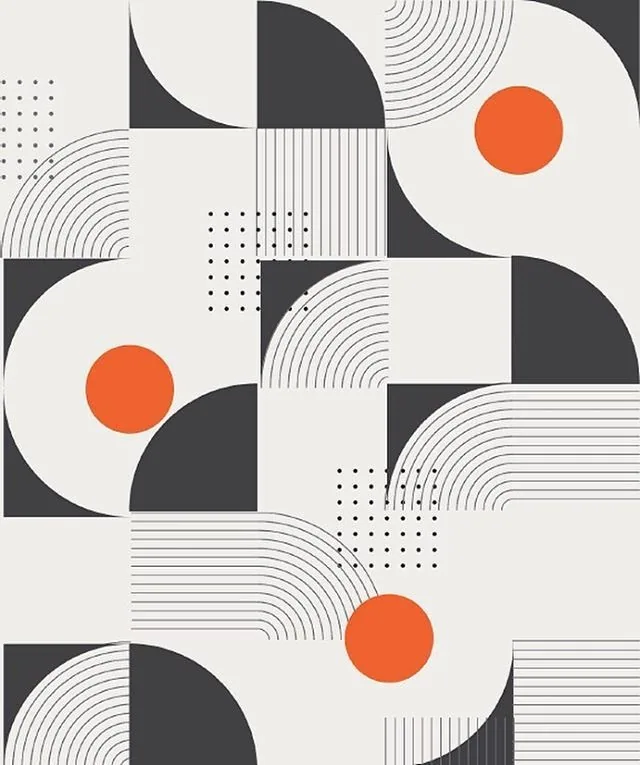 Abstract geometric wallpaper with curved shapes, concentric lines, black quarters, and three orange circles on cream background.
