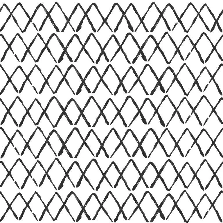 Black and white geometric lattice pattern with repeating diamond shapes in a boho style.